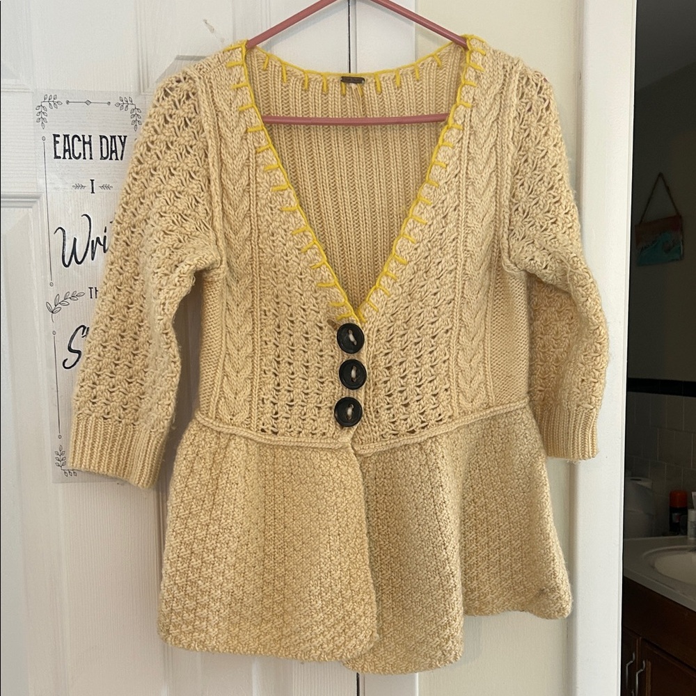 🌼Free People Wool Elegant Knit Cream Button Sweater